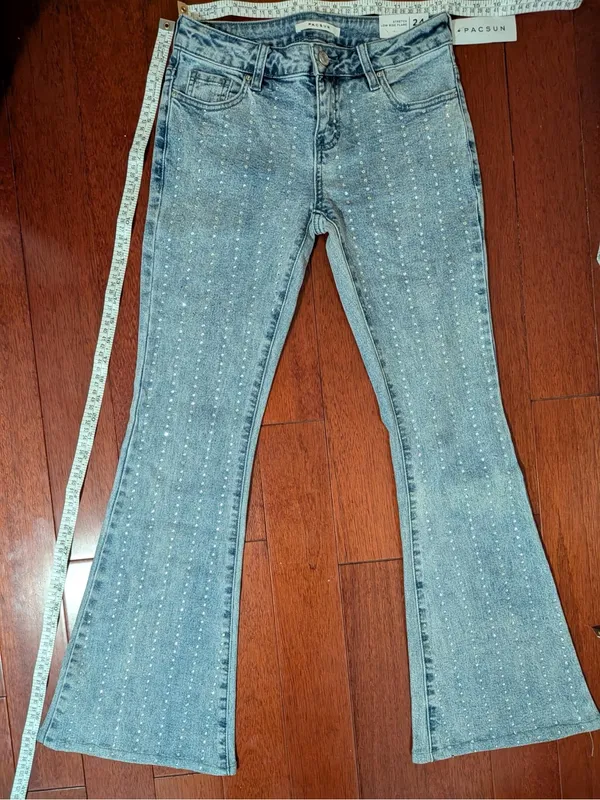 PacSun Light Blue Rhinestone Flare Jeans - Image 4