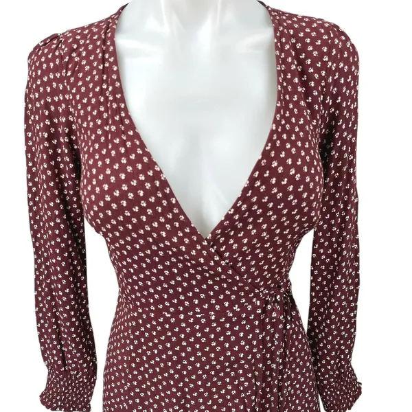 Abercrombie & Fitch Red Floral Plunge V-Neck Long Sleeve Mini Wrap Dress XXS - Image 4