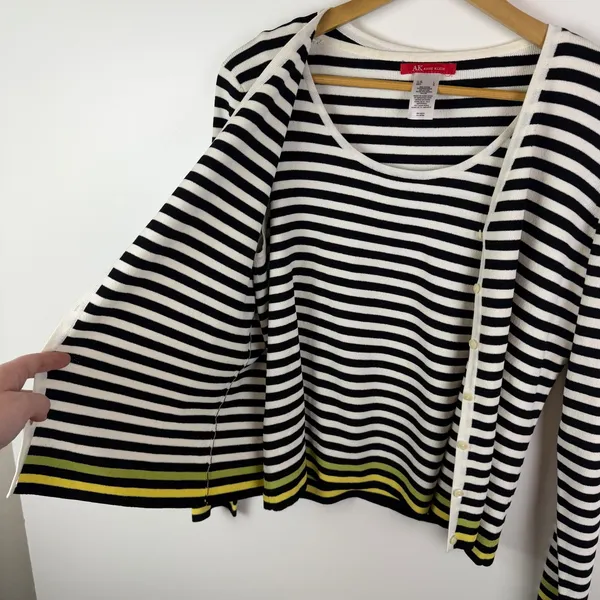 AK Anne Klein Striped Knit Cardigan Sweater Tank Top Set Size L/PL Mod Layering‎ - Image 2