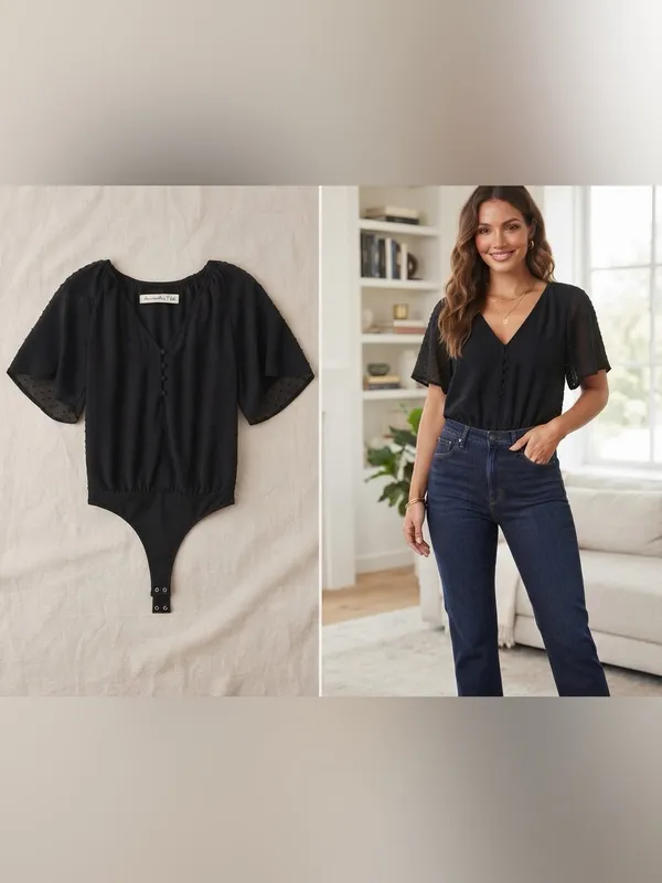 $59 Abercrombie and Fitch Black Flutter Sleeve Swiss Dot Button Bodysuit XS - Image 2