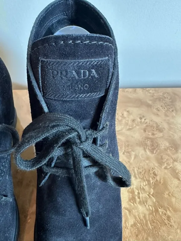 Prada Black Suede Chukka Ankle Boots Women's Size 40 Lace-Up Wedge Heel - Image 3