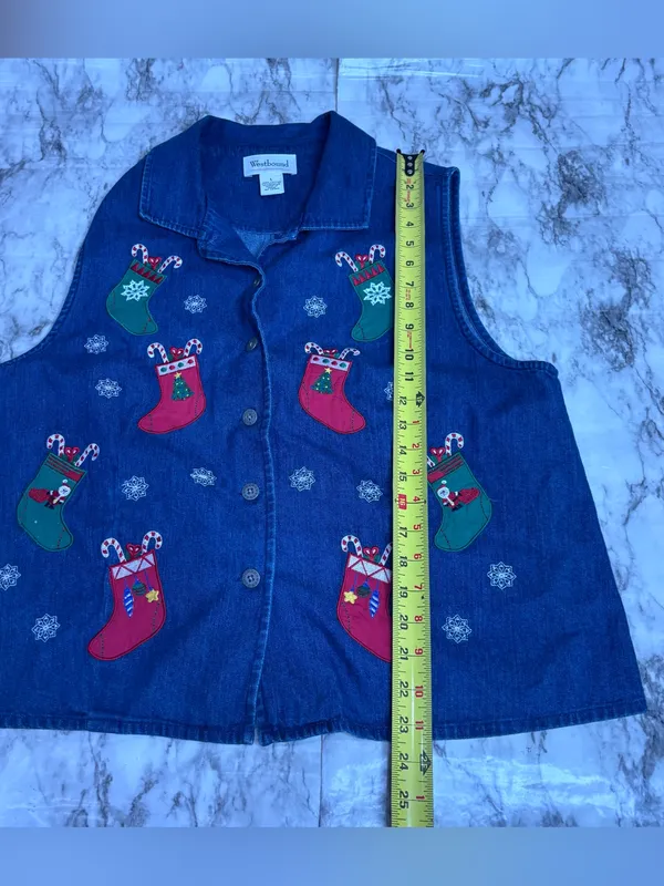 Westbound vintage Denim Holiday Vest Blue Red Green Stockings 90s large - Image 5