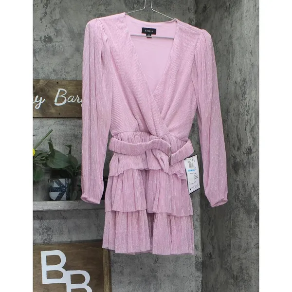 NWT B. Darlin Metallic V-Neck Belted Ruffled Tiered Sheer Sleeved Dress Pink 5/6 - Image 4