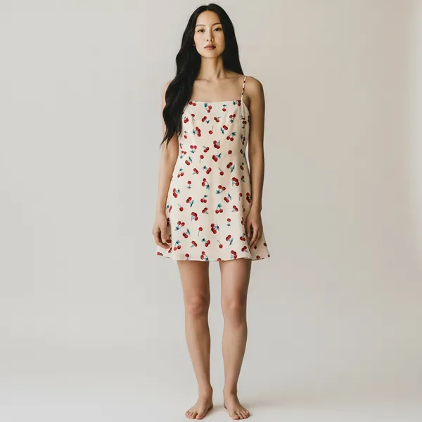 Cherry Print Spaghetti Strap Mini Dress Back Zip Closure Size Medium Red - Image 2