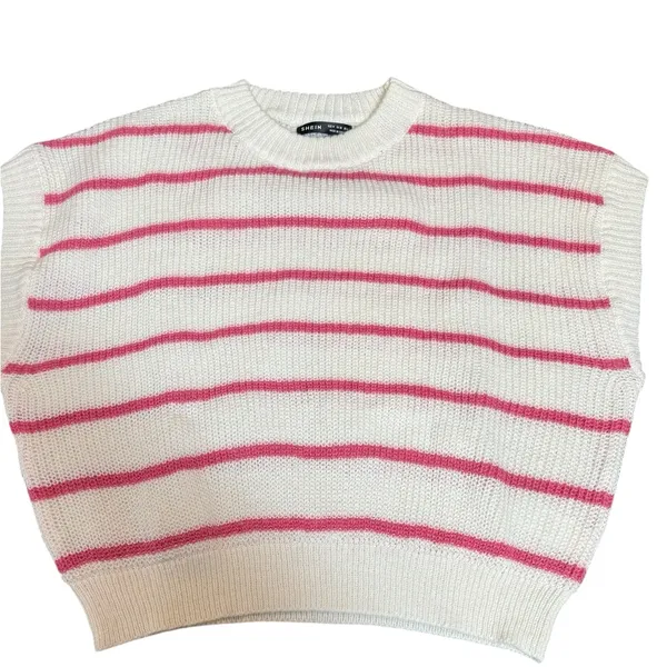 Slouchy Knit Sweater Vest‎ White With Pink Stripe Preppy Girlie Size M New - Image 2
