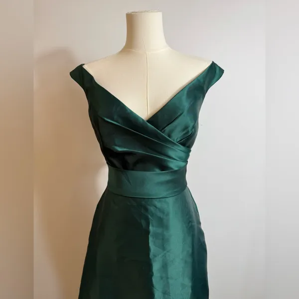 New! Alfred Sung D811S Hunter Green Off Shoulder Draped‎ Wrap Satin Maxi Dress 4 - Image 5