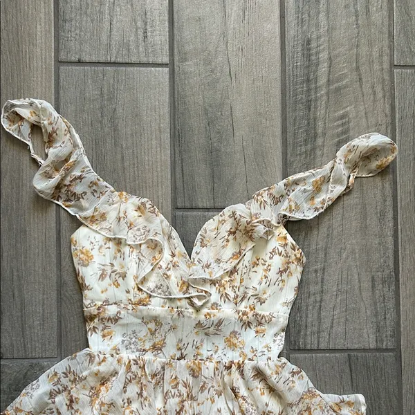 Angel Biba Floral Ruffle Jumpsuit in Cream and Brown - Image 2