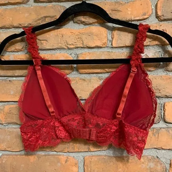 SheIn Red Floral Lace‎ Longline Bralette Padded Ruffle Strap Bra Top Size Small - Image 2