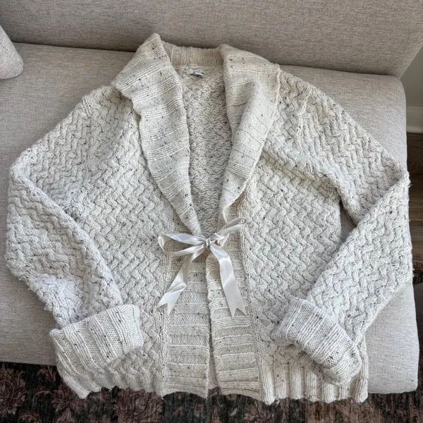 Apt 9 Cardigan Sweater M Cream Cable Knit Ribbon Tie Front Coquette Cozy Cottage - Image 15