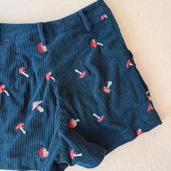 Unbranded Mushroom Embroidered Corduroy High Rise Shorts S 4-6 Blue - Image 2