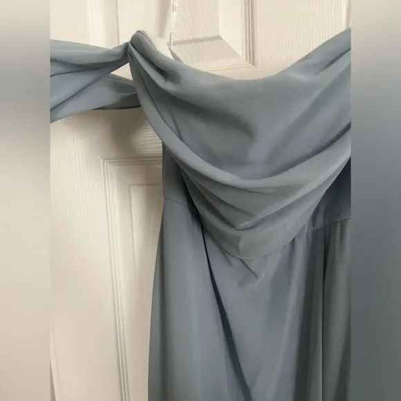 David's Bridal Dusty Blue Off the shoulders dress - Image 2