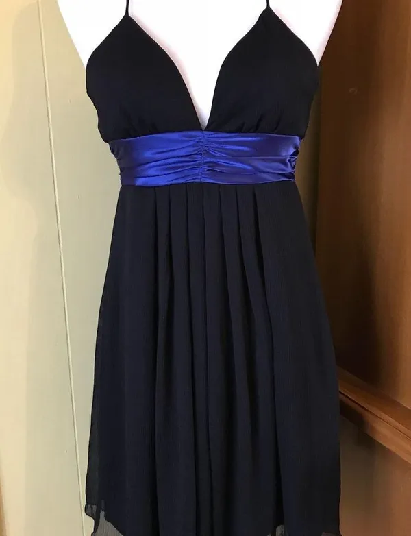 I.N. San Francisco cocktail dress size 3 Ties around neck pleats black blue - Image 5