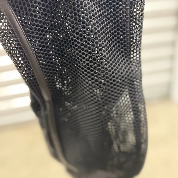 Bamboo Spotlight Black Mesh Over The Knee Boots Gold Block Heel Peep Toe Size 9 - Image 4