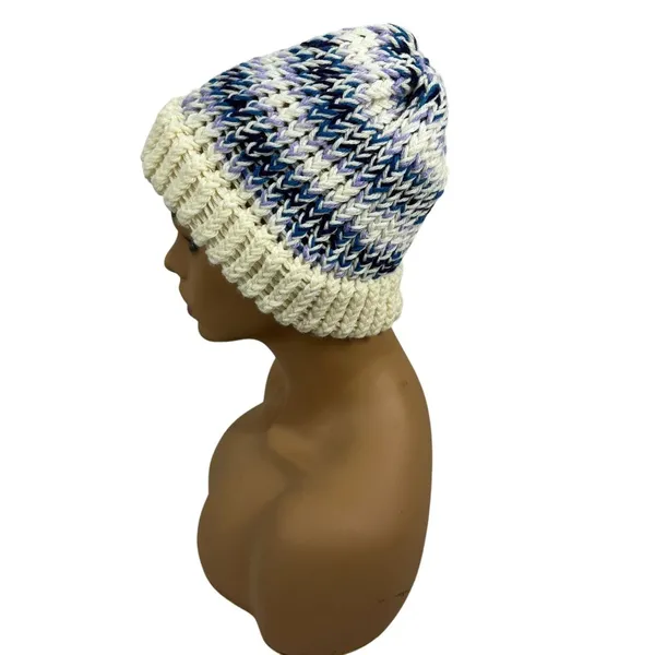 Handmade Knit Beanie Winter Hat Multicolor White Stretch Women One Size Fits All - Image 2