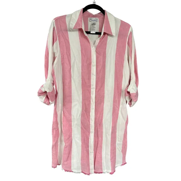 Tommy Bahama Rugby Beach Stripe Boyfriend Shirt Swim Coverup Coral Coast Small - Image 2