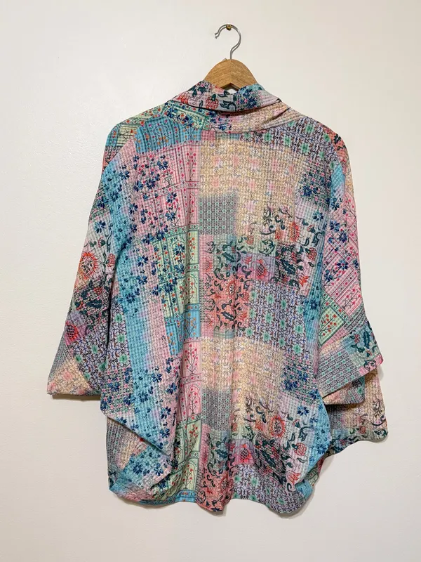 World Market Floral Boho Patchwork Open Front Kimono Cardigan one size pink blue - Image 7