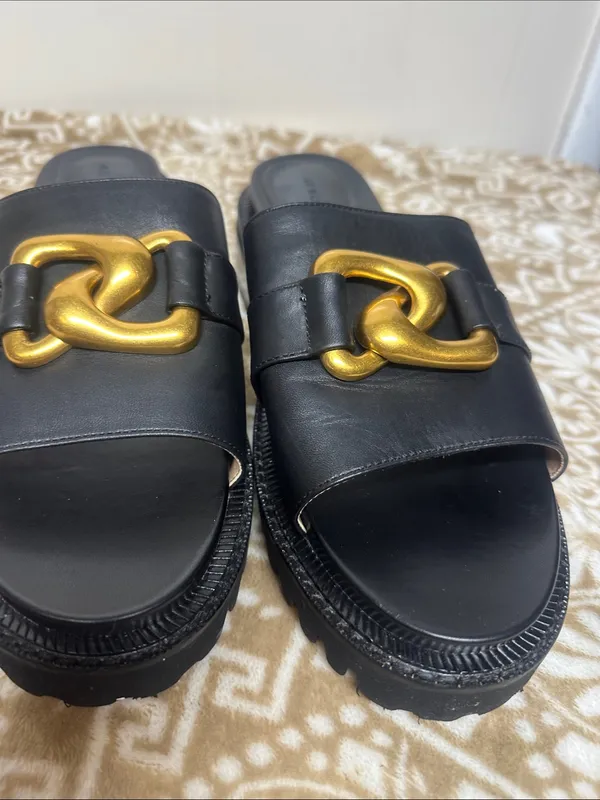 AEROSOLES Lima Black Leather Slide Mules with Gold Chain Accent - Image 6