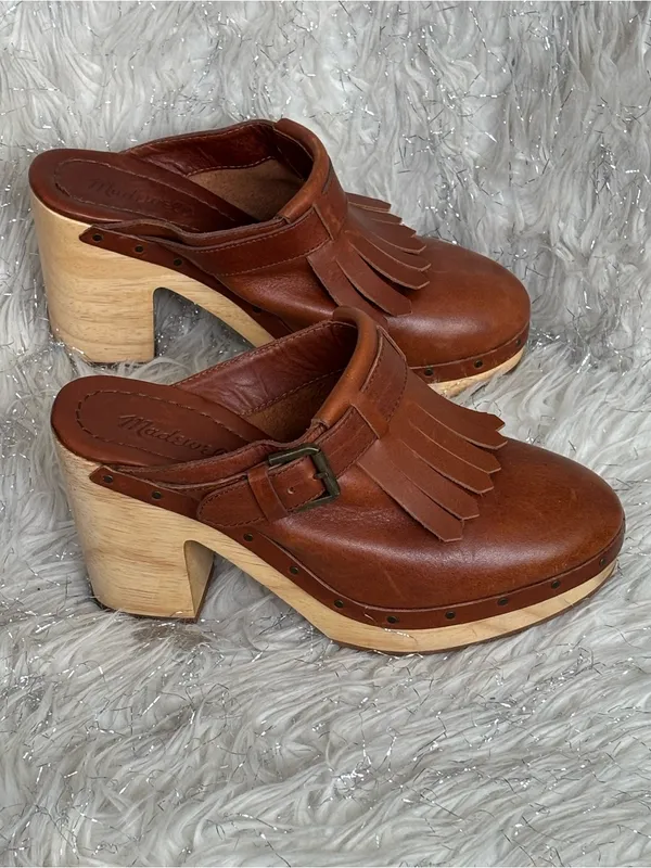 Madewell Brown Women’s Leather Fringe Mule Clogs Wooden Block Heels Size 7.5 - Image 12