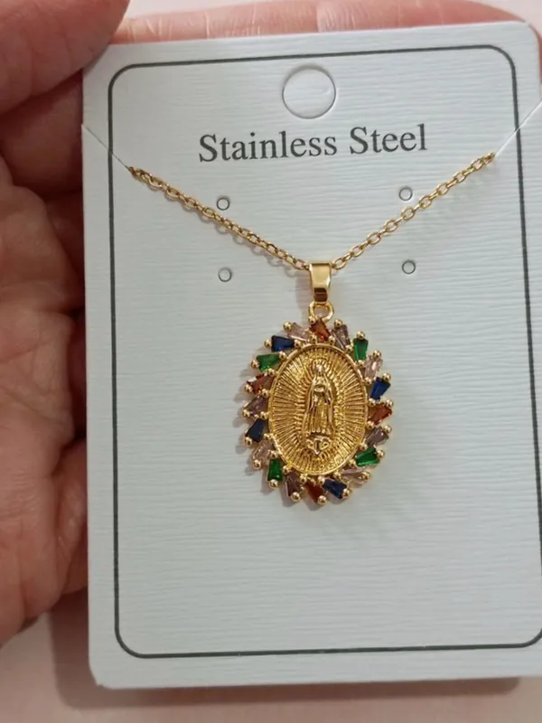 Gold Virgin Mary Pendant Necklace with Multicolored Stones - Image 3