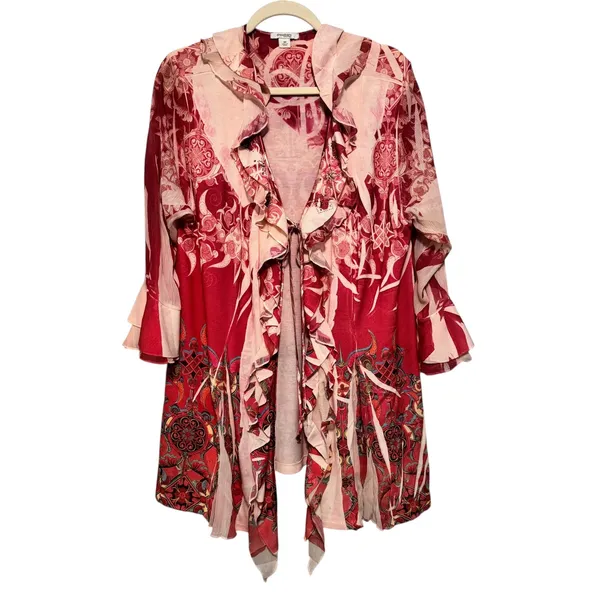 Dressbarn Woman 3X Red Pink Floral Embellished‎ Ruffle Open Front Topper - Image 2