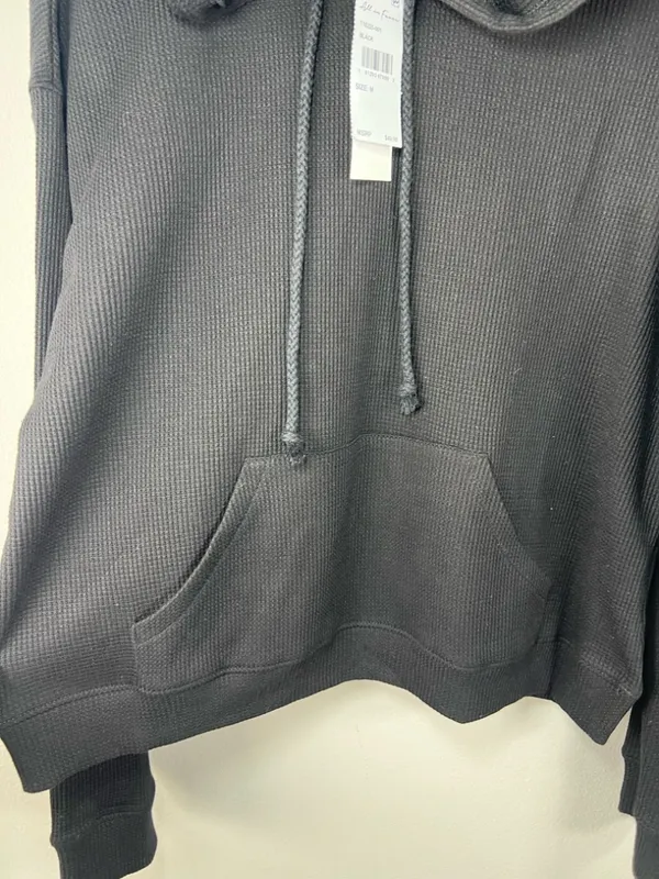 All In Favor Waffle Knit Hoodie Shirt Black Kangaroo Pocket Thermal Basic NEW M - Image 6