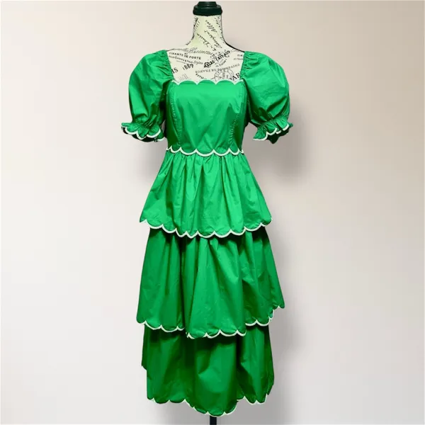 Anthropologie English Factory Green Tiered Maxi Dress Puff Sleeve Autumn Wedding - Image 3