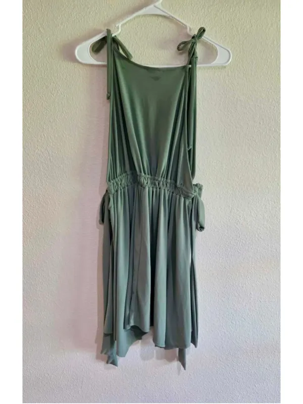Hummingbird Convertible Deep V Tie Strap Smocked Empire Dress Sage Green Medium - Image 3