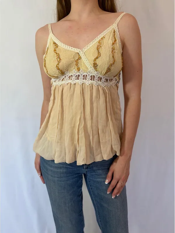 Cream Flouncy Embellished Y2K Fairy Cami Top - Image 2