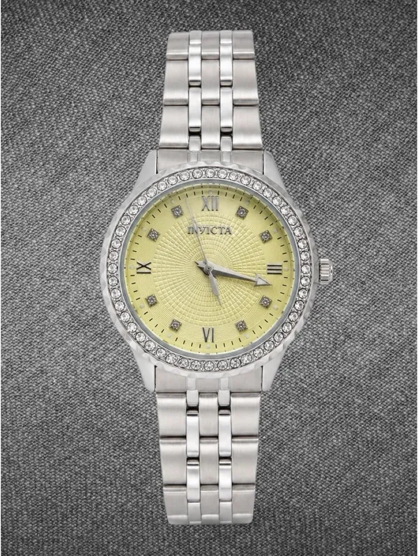 Invicta Silver-Tone Crystal Bezel Yellow Dial Bracelet Watch - Brand New - Image 2