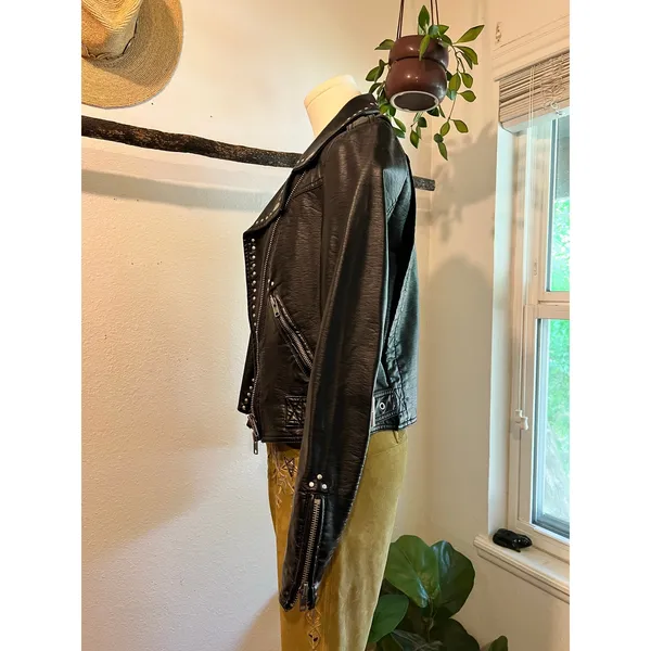 Free People Black Vegan Leather Moto Studded Zip Up Jacket Size XS Oversized - Image 10