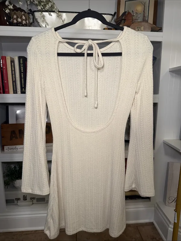 SHEIN Cream Long Sleeve Knit Fit-and-Flare Dress with Back Tie - Image 2