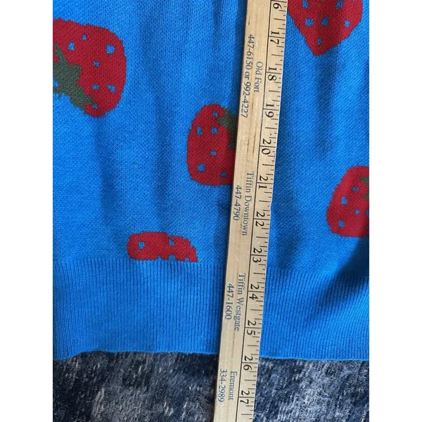 Strawberry Cardigan Women’s XL Open Front Royal Blue & Red Kitschy Fruity Whimsy - Image 6