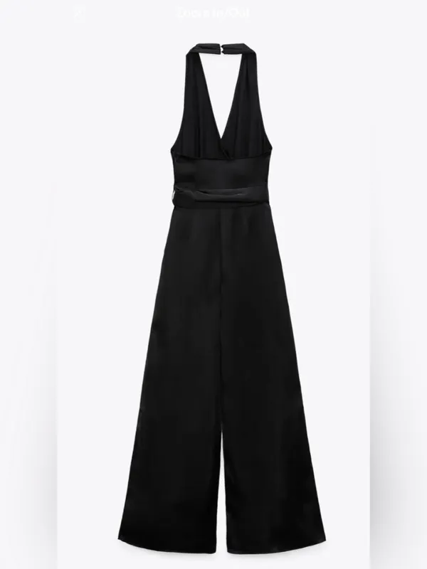 ZARA Jumpsuit Black V Neck Satin Effect Halter Wide Leg S - Image 6