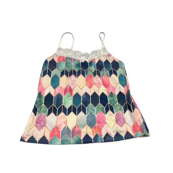 Geometric Diamond Print Pajama Set Lace Camisole and Shorts‎ 2Piece Sleepwear - Image 2