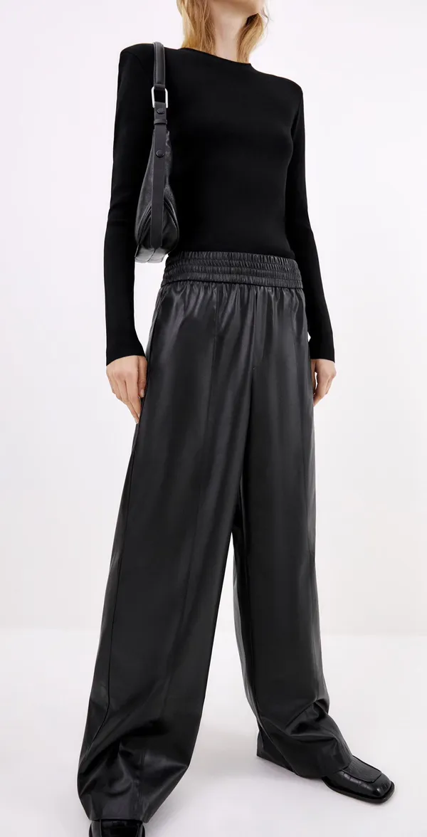 ZARA Black Faux Leather Wide Leg Pants Trousers - Image 5