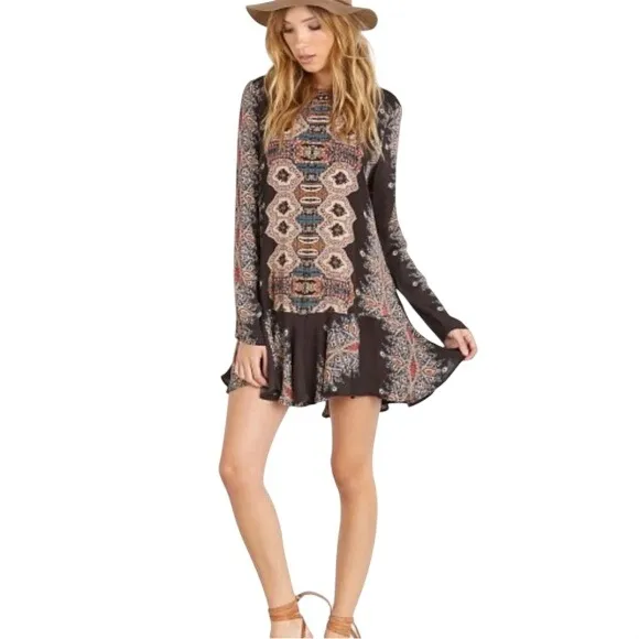 Free People Boho Paisley Medallion Open Back Mini Dress‎ Black Multi Medium - Image 2