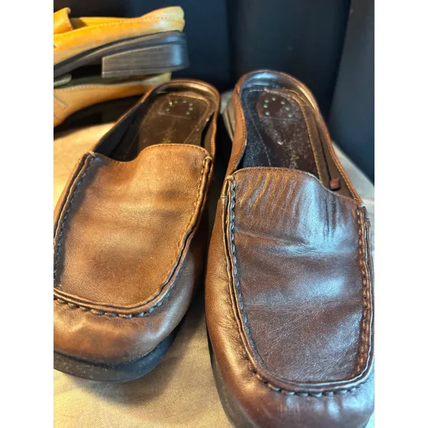 Thom McAn Leather Mule Loafer Bundle Tan Buckle Brown Square Toe Size 5 2 Pairs - Image 6