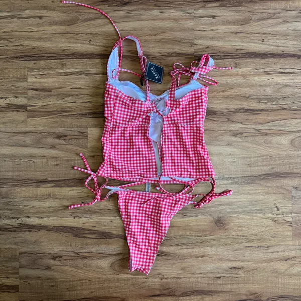 Zaful‎ Red Gingham Tankini Set Tie Shoulder Lace Up Back Swimsuit US 8 New - Image 6