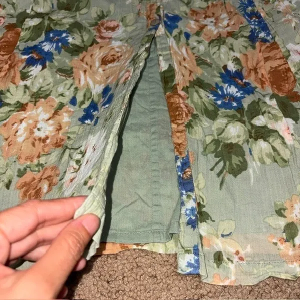 April Cornell Floral Maxi Button Front Short Sleeve Modest Green Dress Large - Image 6