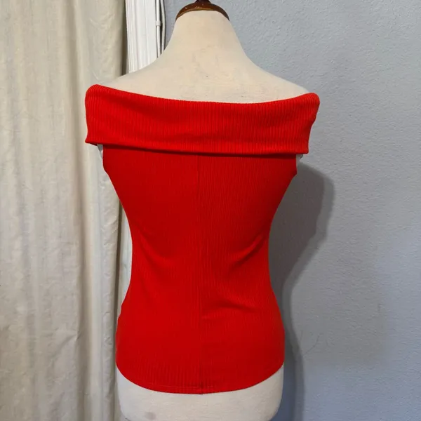 A New Day Womens Medium Top Red Ribbed‎ Off The Shoulder Bardot Knit Stretch - Image 4