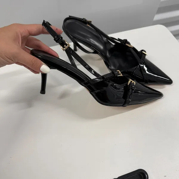 Black Patent Slingback Heels Pointed Toe Multi Strap Buckle Pumps Stiletto US 9 - Image 3