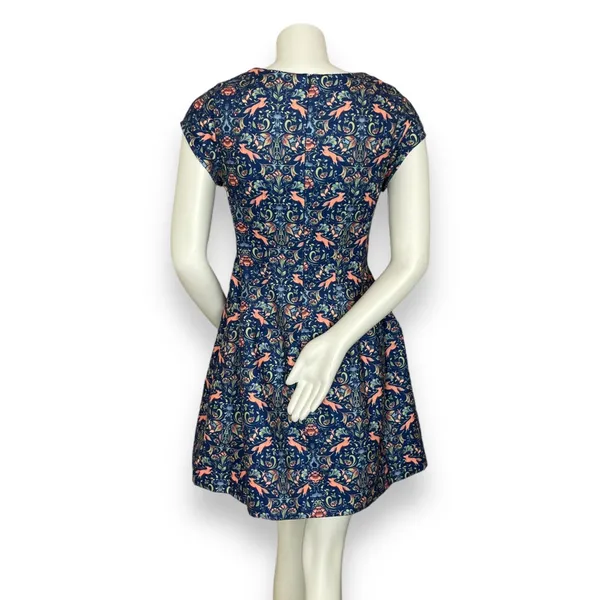 Pink Martini Dress Fox Print Blue Floral A-Line Lined‎ Small Women Cap Sleeves - Image 4