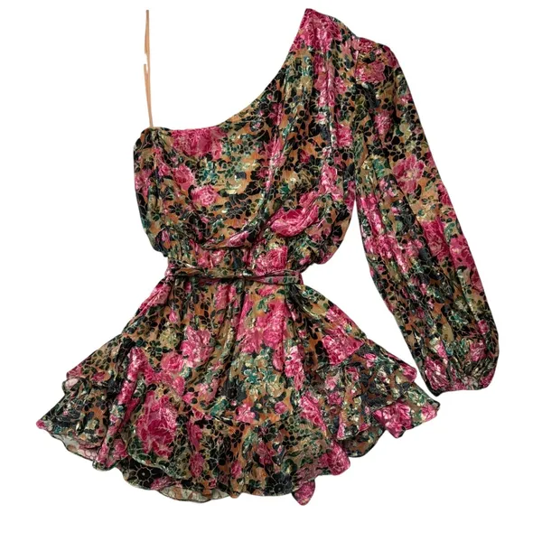 HEMANT‎ & NANDITA One Shoulder Floral Metallic Ruffle Mini Dress XL FLAWED - Image 7