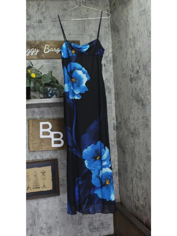 NWT Aqua Lined Spaghetti Strap Floral Mesh Maxi Dress DC9891BL Blue Floral M - Image 2