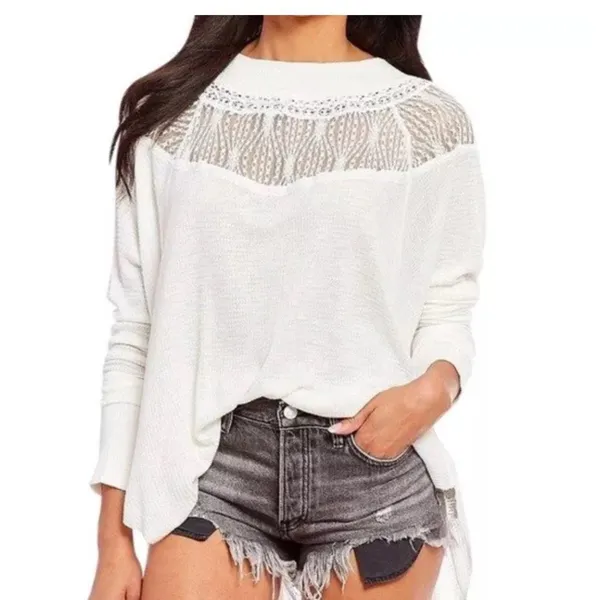 Free people Spring Valley Lace Trim Ivory Knit‎ Top Oversized Size XS - Image 3