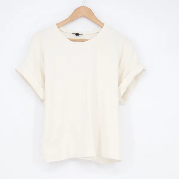 Express Womens Medium Cream Short Sleeve Cuffed Tie Back Knit T-Shirt Top - Image 2