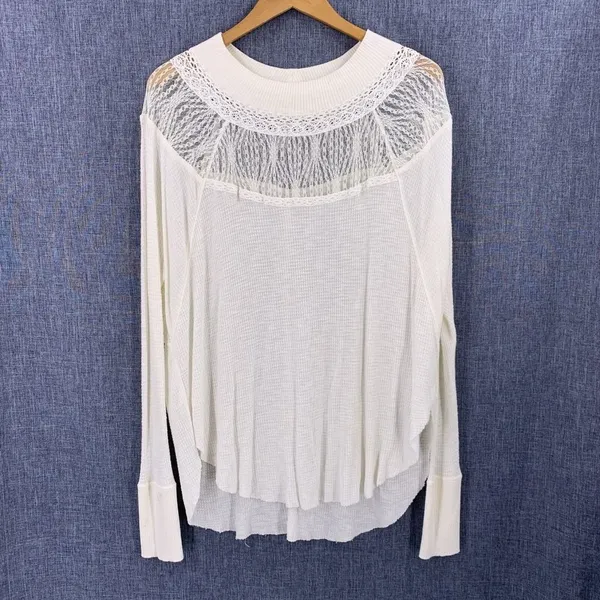 Free People Spring Valley Ivory Waffle Knit Lace Neck Long Sleeve Top Size Small - Image 3