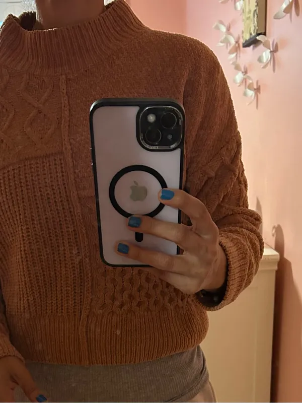 Pink Rose Patchwork Cable Crewneck Sweater in Rust - Image 3