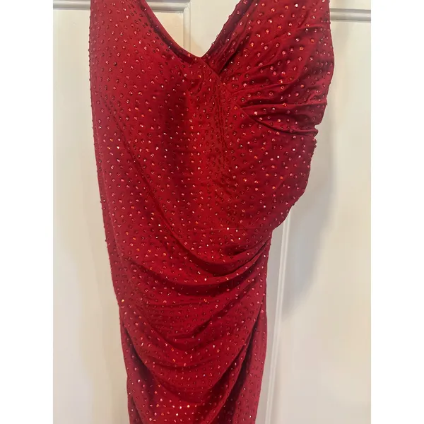 Ruby Red Rhinestone Ruched Prom Dress High Slit Formal Evening Gown Size 8 - Image 3
