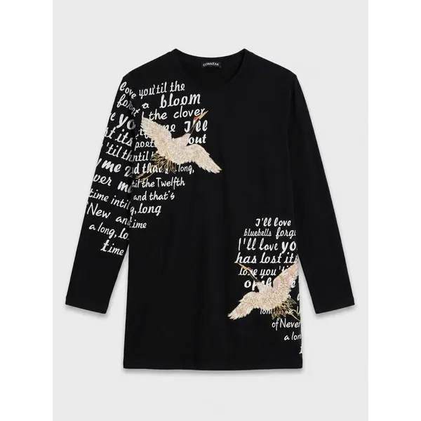 Comaekar Black Graphic‎ T-Shirt Dress Sequin Crane Bird Script Long Sleeve Mini - Image 2